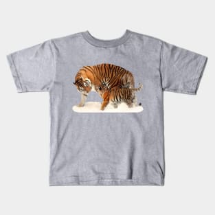 Mom and baby tiger on snow Kids T-Shirt